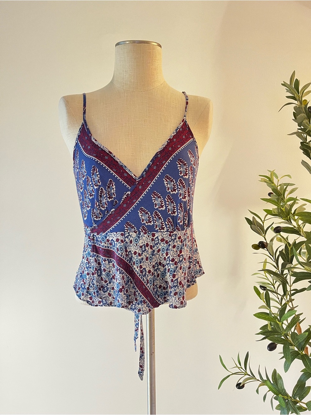 Free People Floral Print V-Neck Cami Tank Top - Blue / Burgundy